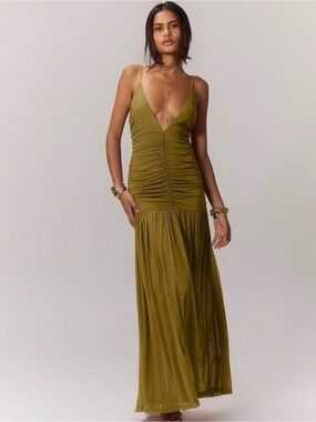 Olive Green Ruched V-Neck Maxi Dress - Women's